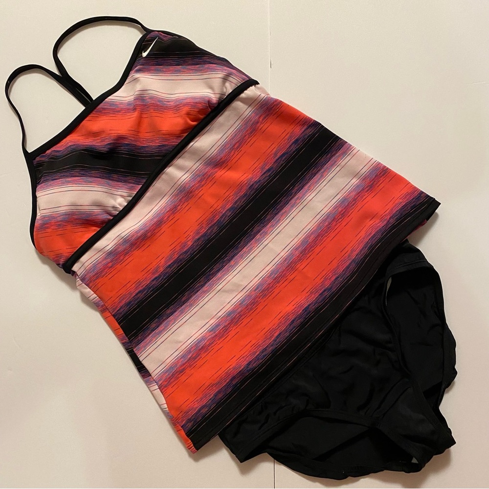 Nike Tankini Women’s Size 10 Top is pink, black, purple and cream, black bottom
